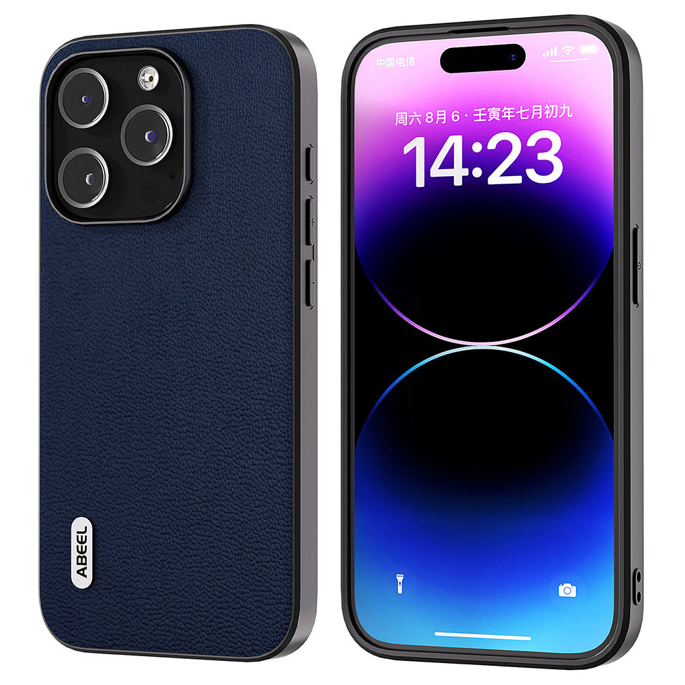 Ochranný kryt ABEEL pro iPhone 14 Pro Textura Litchi z pravé hovězí kůže PC TPU na telefon Ochranný kryt ABEEL pro iPhone 14 Pro Textura Litchi z pravé hovězí kůže PC TPU na telefon